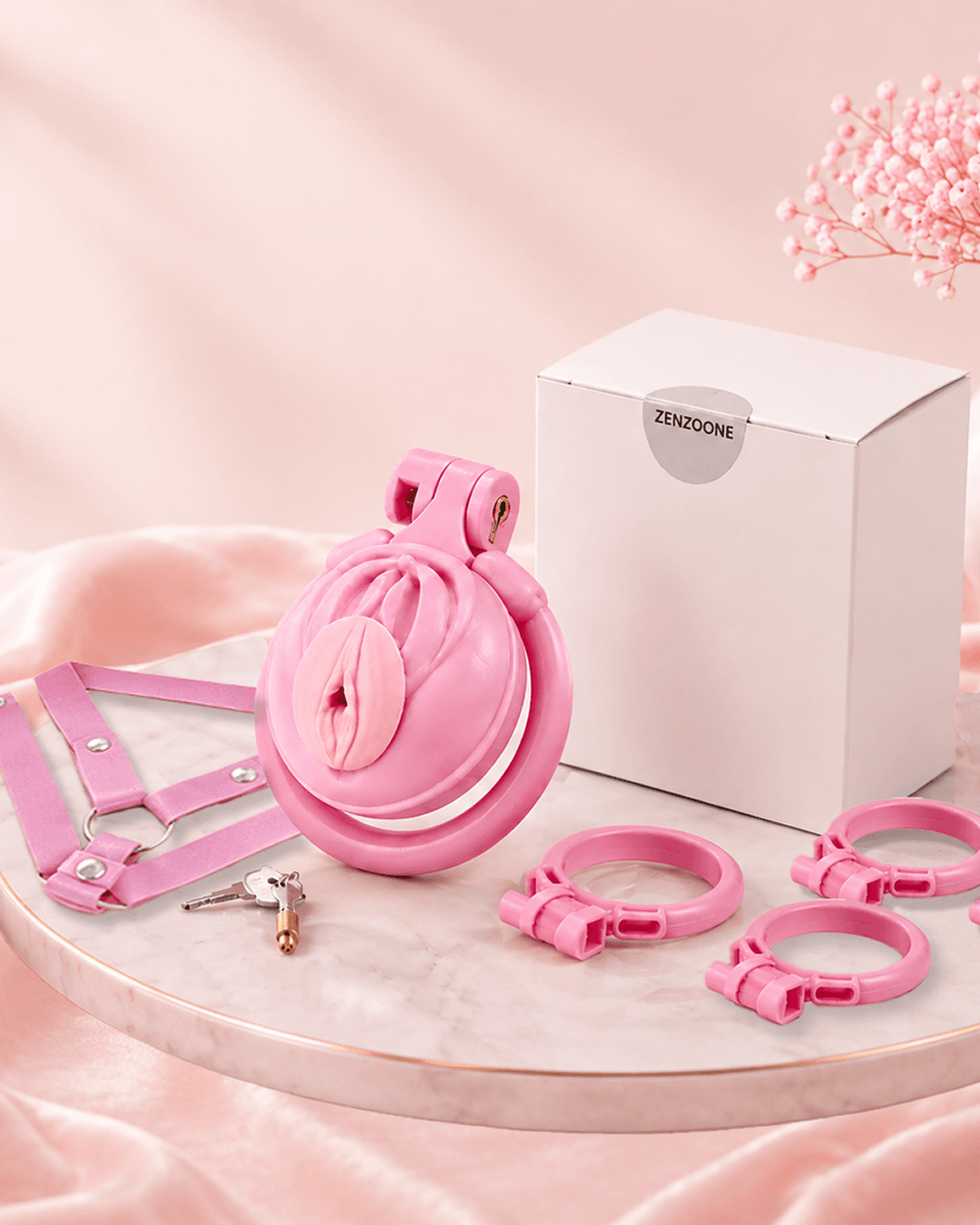 ZENZOONE 20mm low-profile pink resin configuration with four included ring sizes