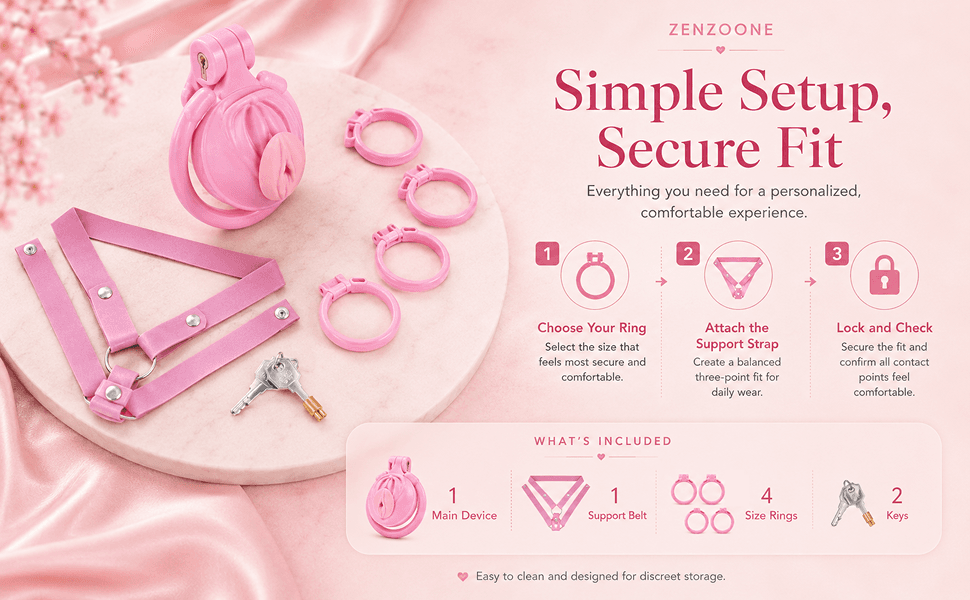 ZENZOONE setup guide showing ring, support strap and locking steps