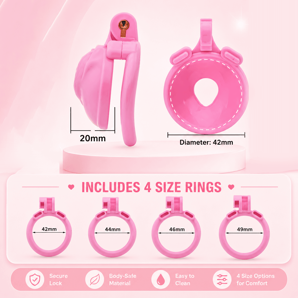 Flat chastity cage with 42mm, 44mm, 46mm and 49mm ring size options