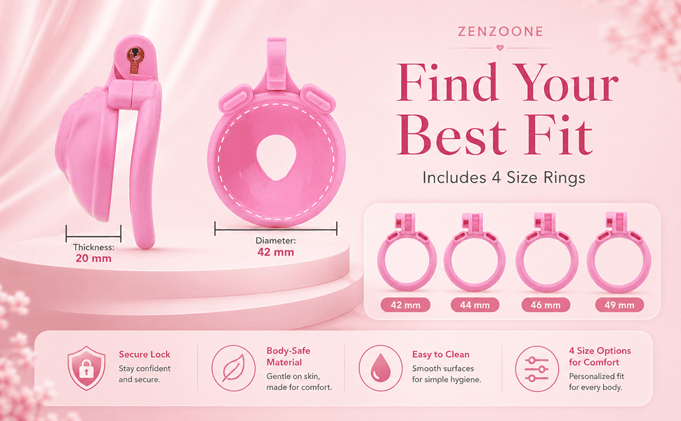 Chastity cage size guide showing 42mm 44mm 46mm and 49mm ring options